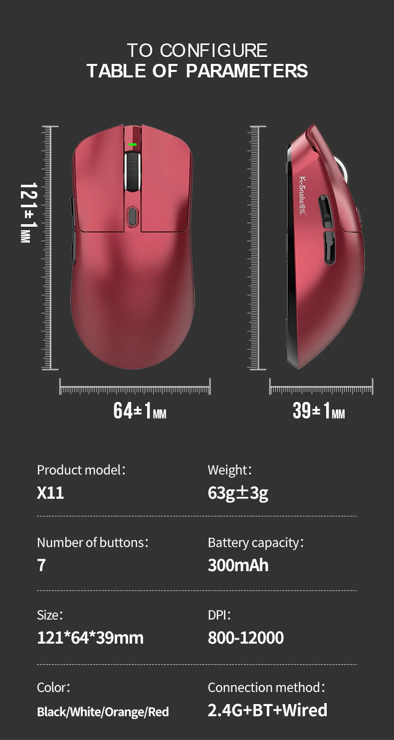 K-Snake X11 Bluetooth Wireless Gaming Mouse, Tri-Mode RGB Rechargeable Mouse with PAW3311 Sensor, 12000 DPI Magnetic Charging Gaming Mouse for PC, Laptop & Office