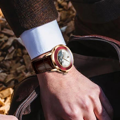PONIGER Sapphire Crystal Glass Wrist Watch Painting Dial Man Leather Automatic Wristwatch MIYOTA 8219