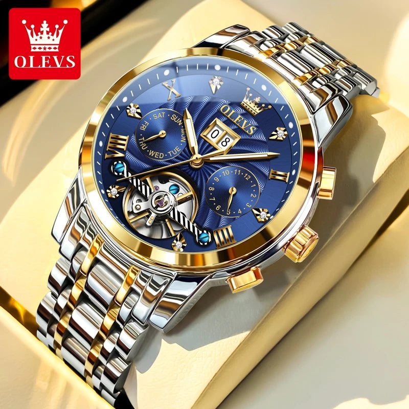 OLEVS 9910 Pánské hodinky Originální luxusní značka Vodotěsné Světélkující Automatické mechanické hodinky Hodinky s dvojitým kalendářem Krabička na hodinky Reloj