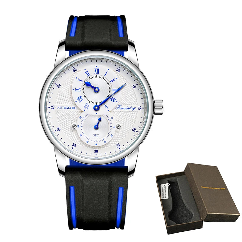 Men Wristwatch Blue White Dial Automatic Transparent Mechanical Watch Silicone Rubber Band Male Sport Clock Relogio Masculino