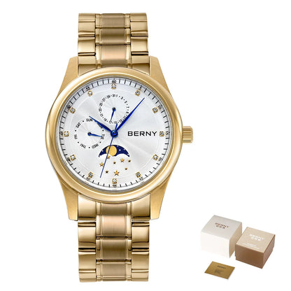 BERNY Men Watch Date Weeks Moon Phase Quartz Watches for Men Stainless Steel Leather Strap Business Wristwatch Male Clock