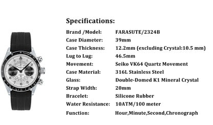 FARASUTE 2026 New Fashion Speed Sports Chronograph Wristwatch For Men 100M Waterproof Japan VK64 Quartz Movement Watch Male