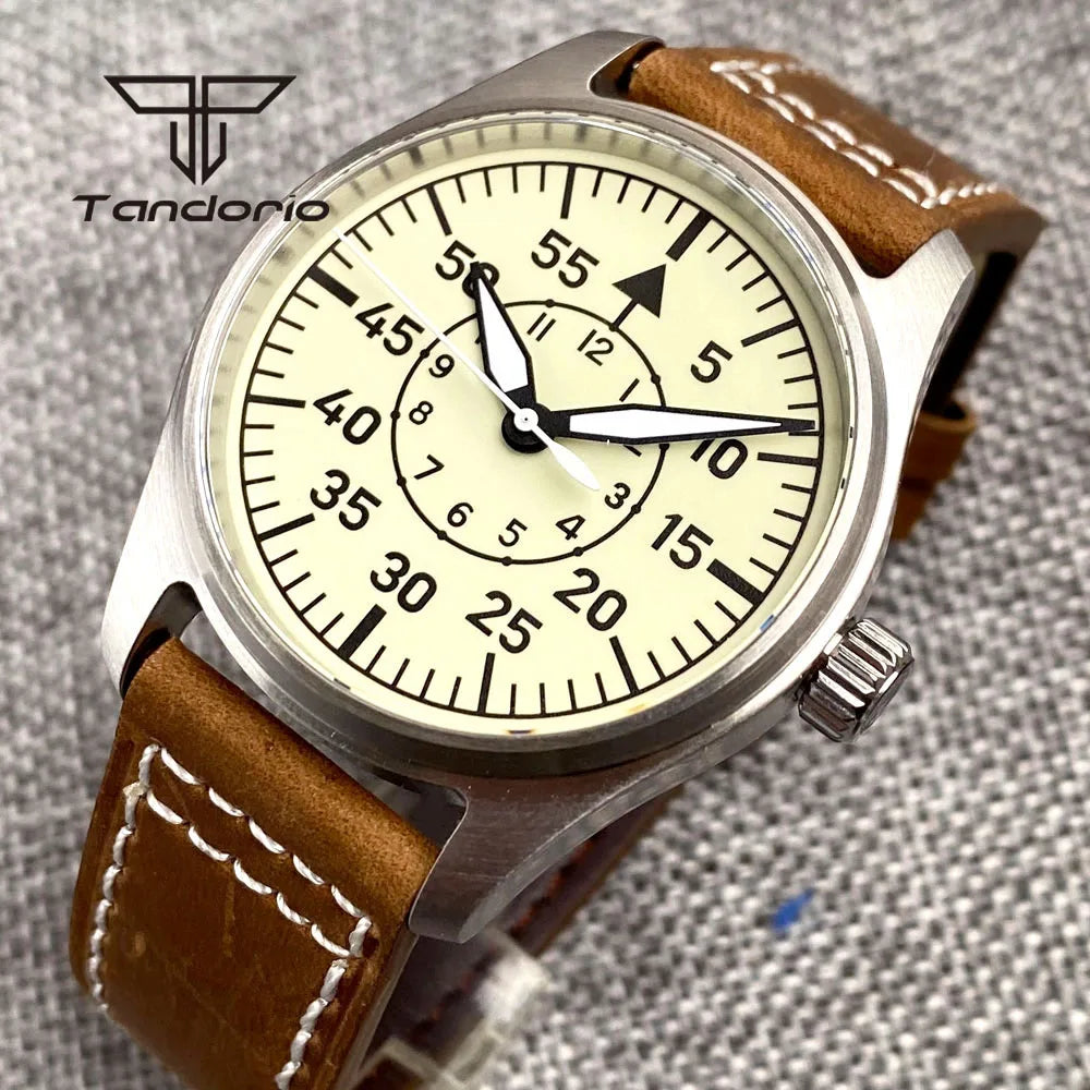 Tandorio Full Luminous Dial 39mm Men's Mechanical Pilot Watch Automatic Miyota 8215 PT5000 Steel Wristwatch AR Sapphire Crystal