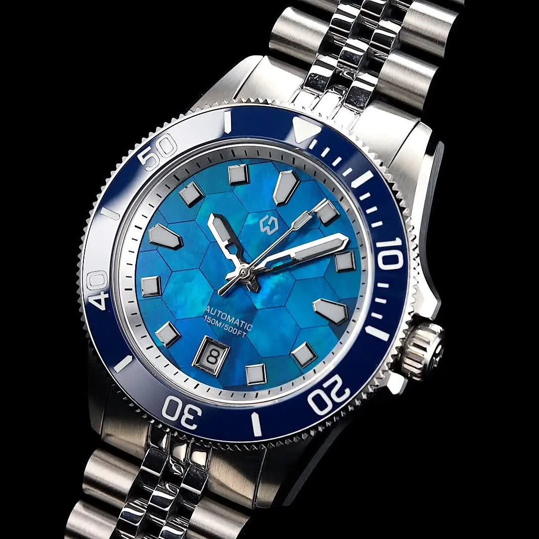 WISHDOIT Automatic Mechanical Watch Miyota 8215 Movement Mother of Pearl Dial Ceramic Bezel Waterproof 150M Diving Watch