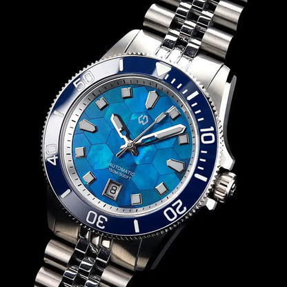 WISHDOIT Automatic Mechanical Watch Miyota 8215 Movement Mother of Pearl Dial Ceramic Bezel Waterproof 150M Diving Watch