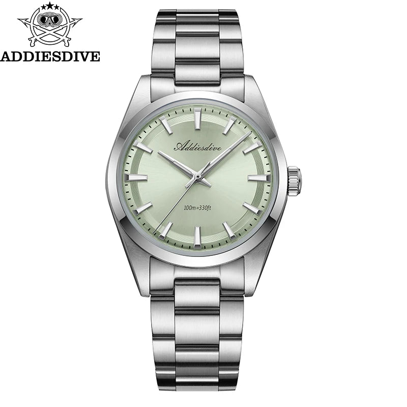 ADDIESDIVE herenhorloge van staal, luxe uitvoering, voorzien van een gewelfd glas, een quartz uurwerk en een blauwe lichtgevende coating BGW9; waterdicht tot 100 ATM, analoge weergave – Model AD2066