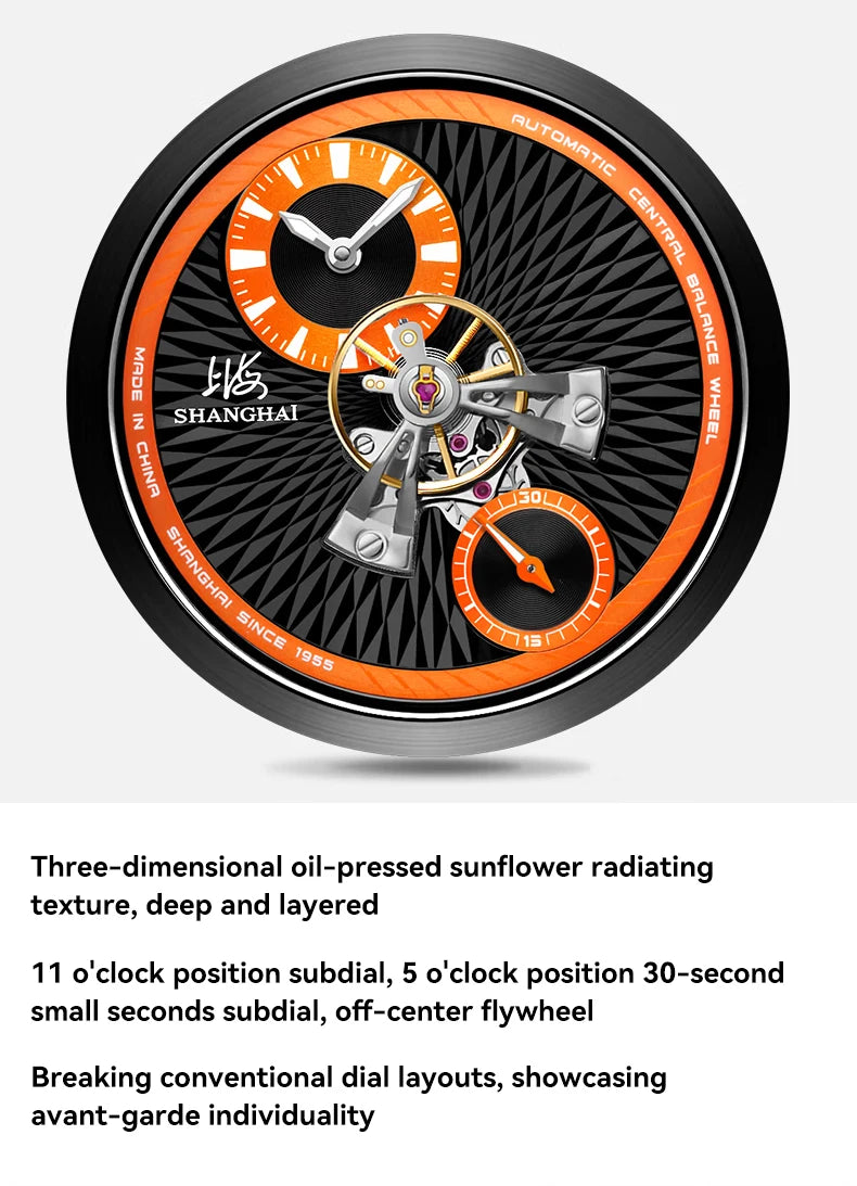 Shanghai Watch Sky Dome Men's Automatic Watches 42mm Center Flywheel Mechanical Wristwatch 5Bar Waterproof Watches Reloje S2101
