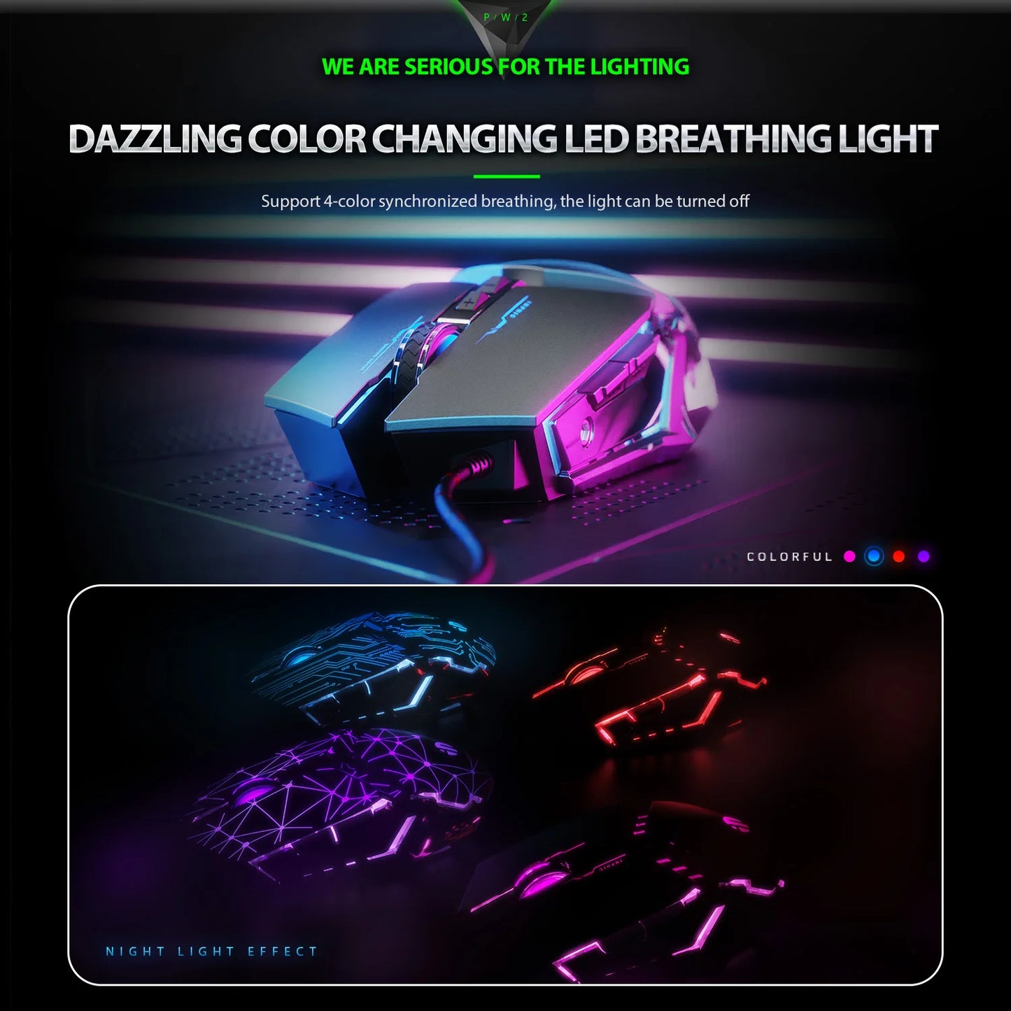 INPHIC W2 Gaming Mouse 8800 DPI Wired USB Optical Mouse with 6 Programmable Buttons, Silent Click, Ergonomic Design & RGB Breathing Light