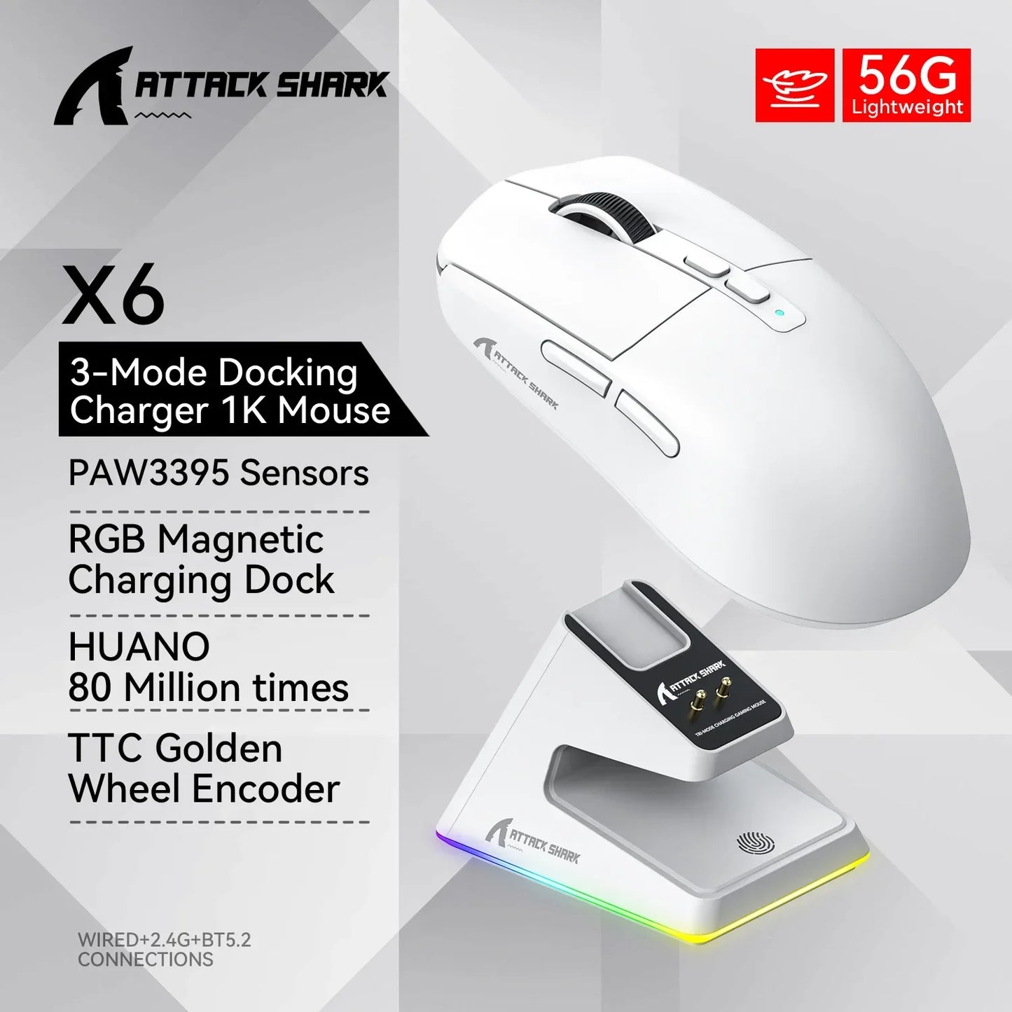 Attack Shark X6 Wireless Ergonomic Gaming Mouse, Tri-Mode Bluetooth, 2.4G & Wired Gaming Mouse, 26000 DPI Rechargeable RGB Gaming Mouse