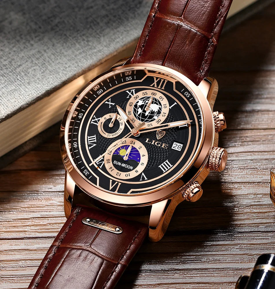 LIGE Luxury Man Wristwatch Waterproof Luminous Chronograph Watch for Men Leather Strap Men's Quartz Watches Reloj Hombre+Box