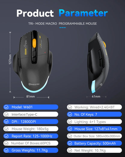 Bluetooth Wireless Gaming Mouse, 12800 DPI RGB Wired & Wireless Gaming Mouse with 7 Programmable Buttons, Rechargeable Gaming Mouse for PC & Laptop