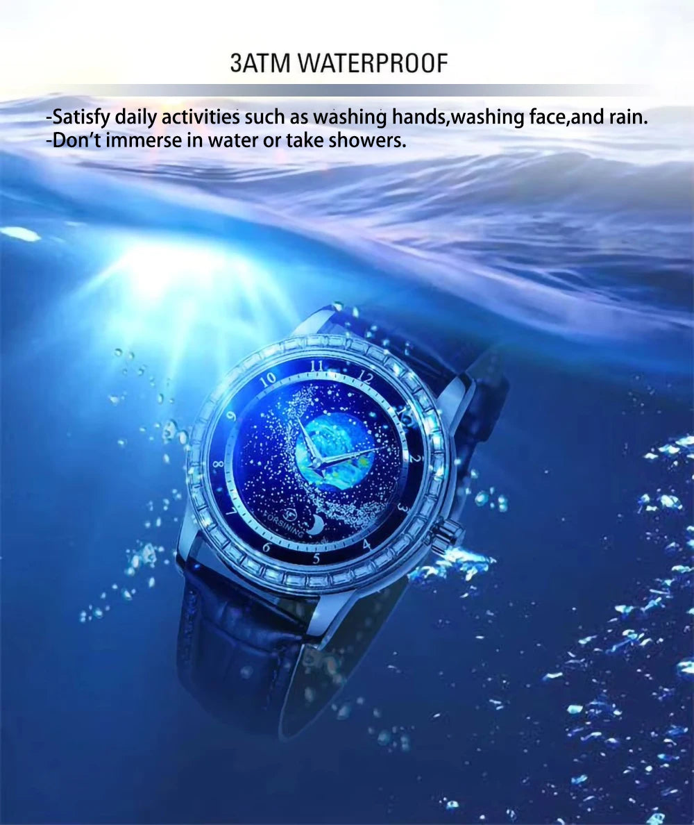 FORSINING Luxury Mens Automatic Mechanical Watch,Earth Star Moon Starry Milky Way Rhinestone Dial Leather Strap,3ATM Waterproof