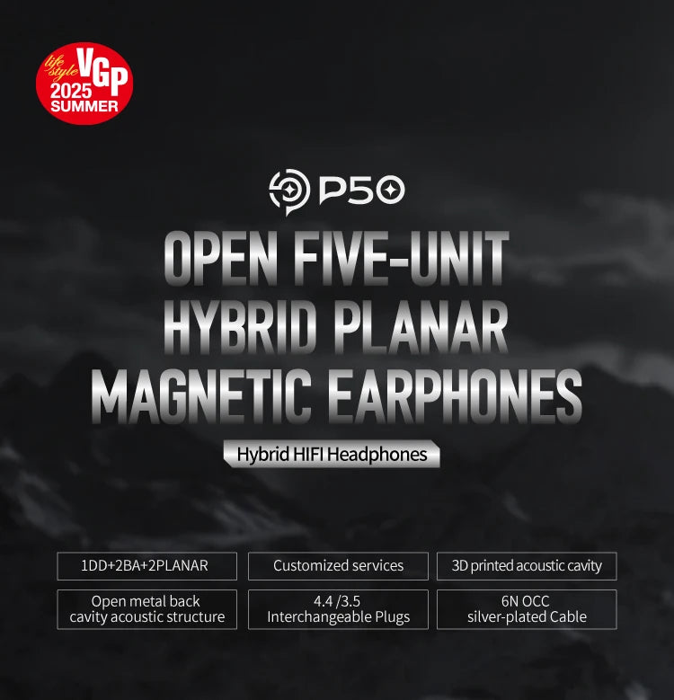 EPZ P50 Hybrid Driver HiFi IEM Earphones 1DD+2BA+2 Planar Drivers with 3.5mm/4.4mm Replaceable Plug & Silver-Plated Cable