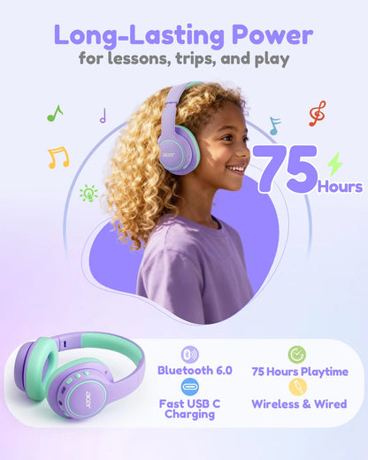 Acer Kids Bluetooth 6.0 Headphones with Mic, 75H Playtime, 85dBA Safe Volume Over-Ear Wireless Headphones, USB-C Fast Charging for iPad, Tablet & School