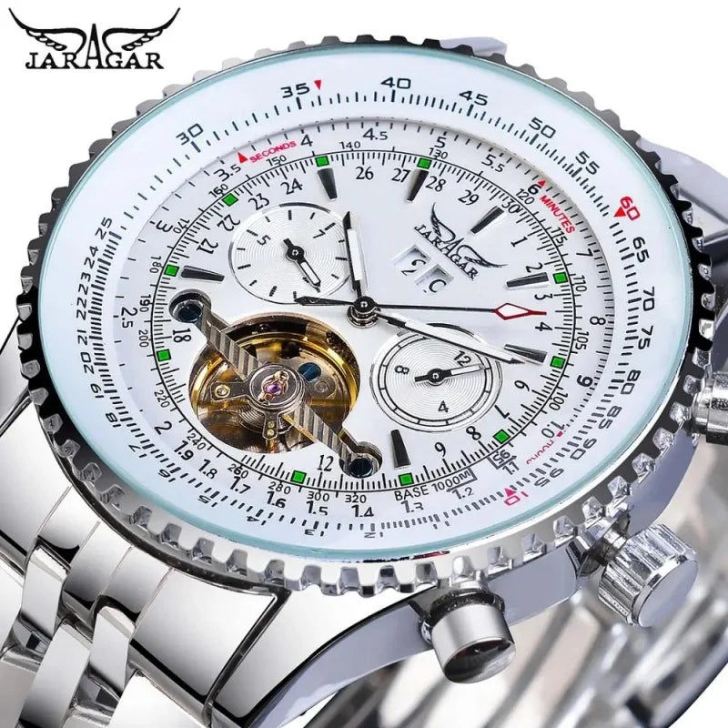 Luksusowy zegarek mechaniczny z automatycznym mechanizmem w stylu retro JARAGAR 034, tourbillon, szkieletowa konstrukcja, stal nierdzewna, kalendarz tygodniowy, zegarek męski