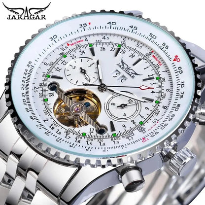 Luksusowy zegarek mechaniczny z automatycznym mechanizmem w stylu retro JARAGAR 034, tourbillon, szkieletowa konstrukcja, stal nierdzewna, kalendarz tygodniowy, zegarek męski