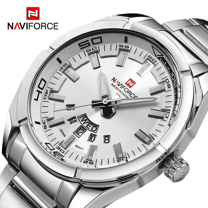 Ceas pentru bărbați NAVIFORCE, realizat integral din oțel, rezistent la apă, stil casual, mecanism cu cuarț și afișaj al datei – Ceas de mână de lux pentru bărbați, de la o marcă de renume.