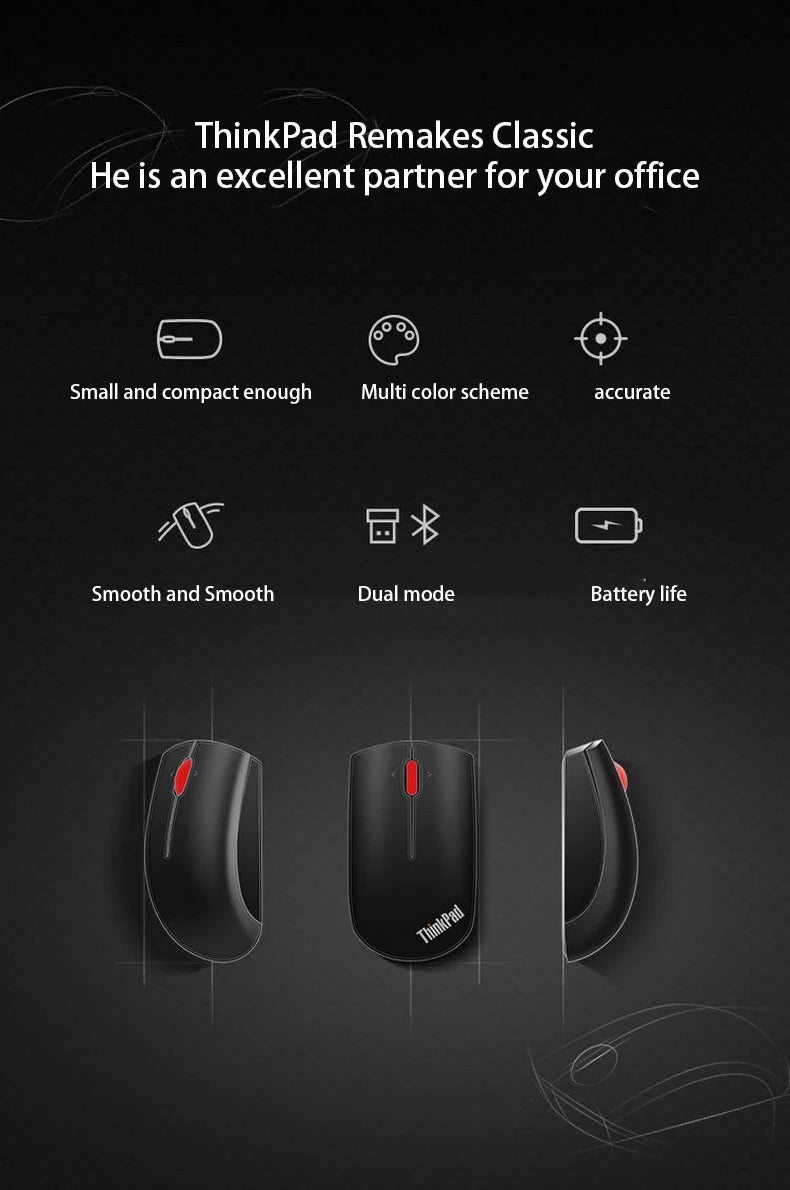 Lenovo ThinkPad Office Mouse Bluetooth + Wireless Dual-Mode Mouse, Ergonomic Wireless Office Mouse, 1200 DPI Portable Laptop Mouse