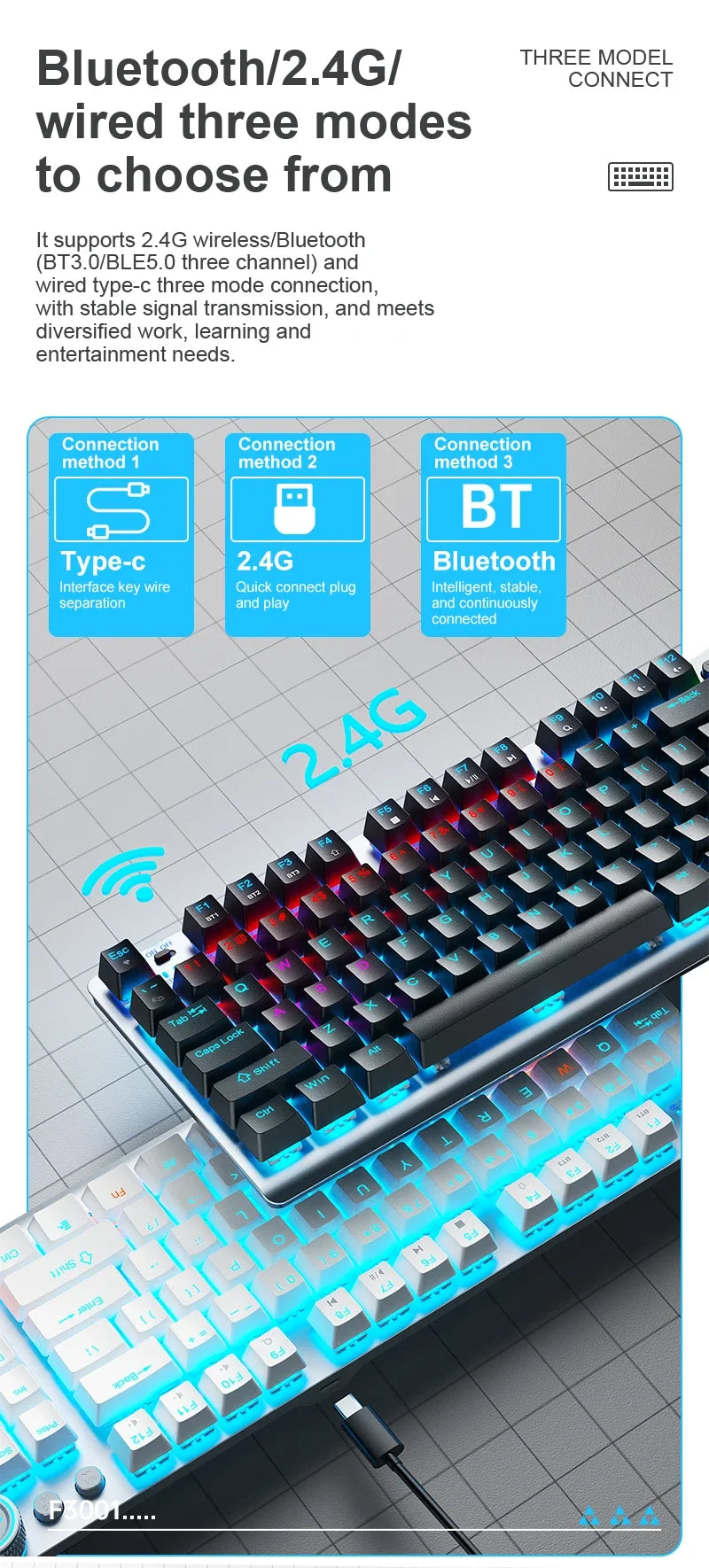 AULA F3001 Mechanical Keyboard Bluetooth Wireless Three Mode Metal Panel Two-color Injection Molding Cool Backlight Effect 87Key