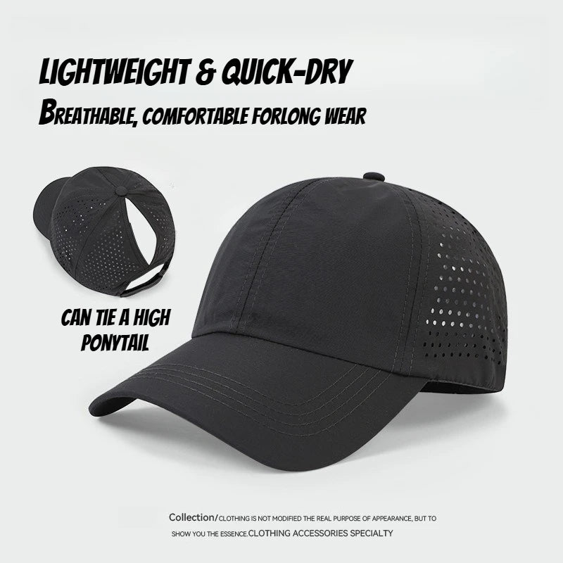 1 unidad de gorras de béisbol con lengüeta de secado rápido para mujer, protección de verano, malla transpirable, gorra transpirable, elegante y ajustable, ideal para llevar la coleta.