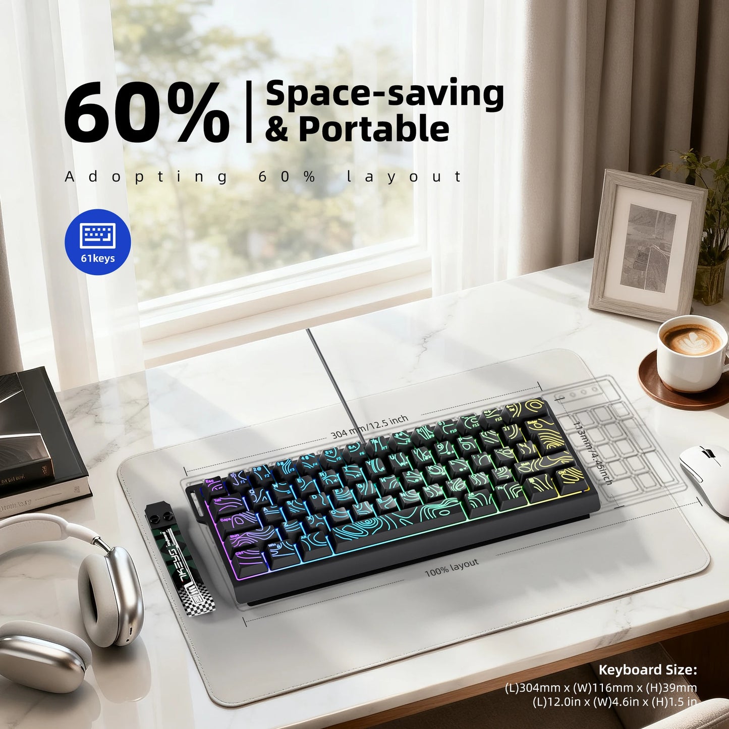 7KEYS 60% Compact Wired Keyboard with RGB Backlighting, Gradient Keycaps, USB Gaming Keyboard for Windows PC, Laptop & Tablet