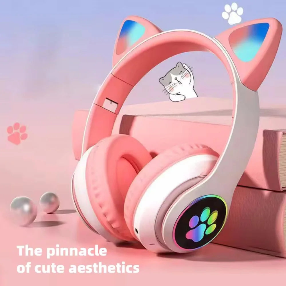 Cute Cat Ear Bluetooth Wireless Headphones with LED Lights – Kids Foldable Stereo Headset with Microphone, Bluetooth 5.0 Gaming & Music Headphones