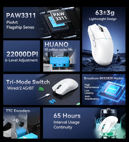 ATTACK SHARK X11 Wireless Gaming Mouse, 22K DPI PAW3311 Tri-Mode Gaming Mouse, Bluetooth 2.4G Wired RGB Lightweight Gaming Mouse