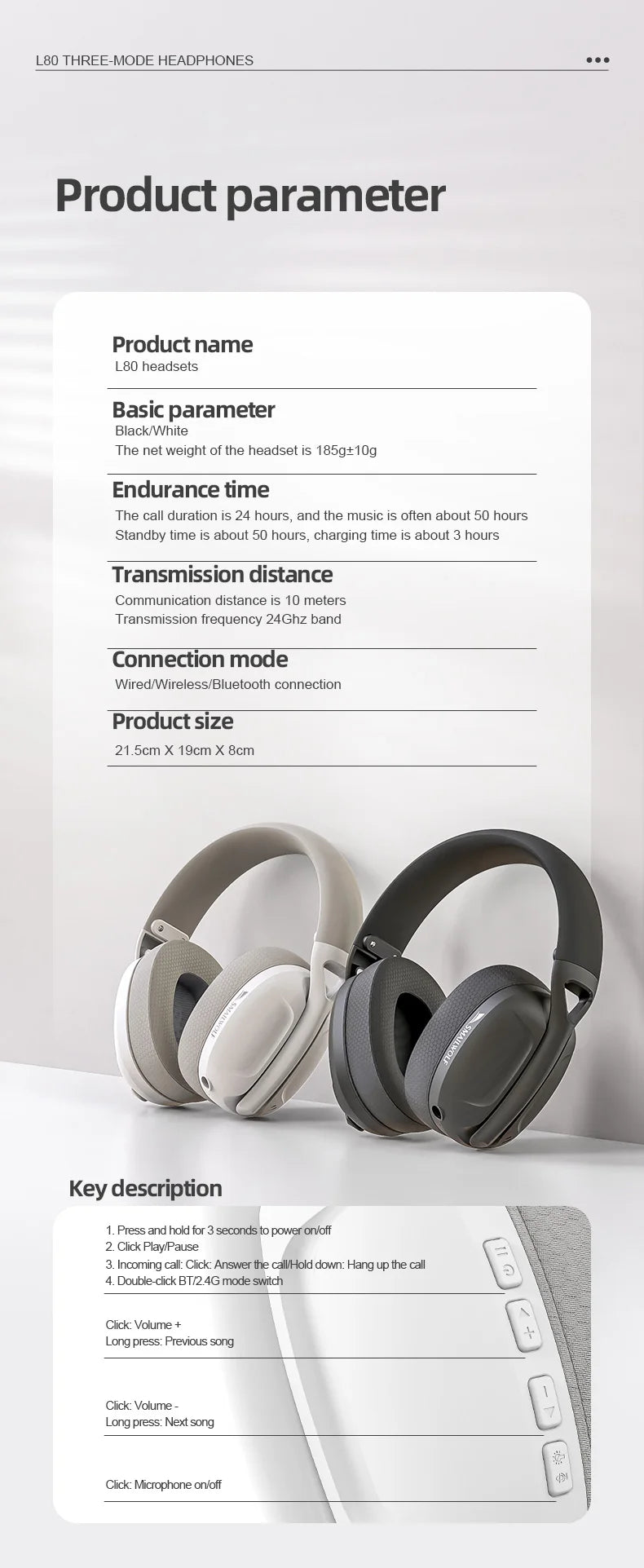 SMAILWOLF L80 Wireless Gaming Headset Bluetooth 5.0 & 2.4GHz Triple-Mode Gaming Headphones with Microphone for PC, Laptop, PS5 & Mobile