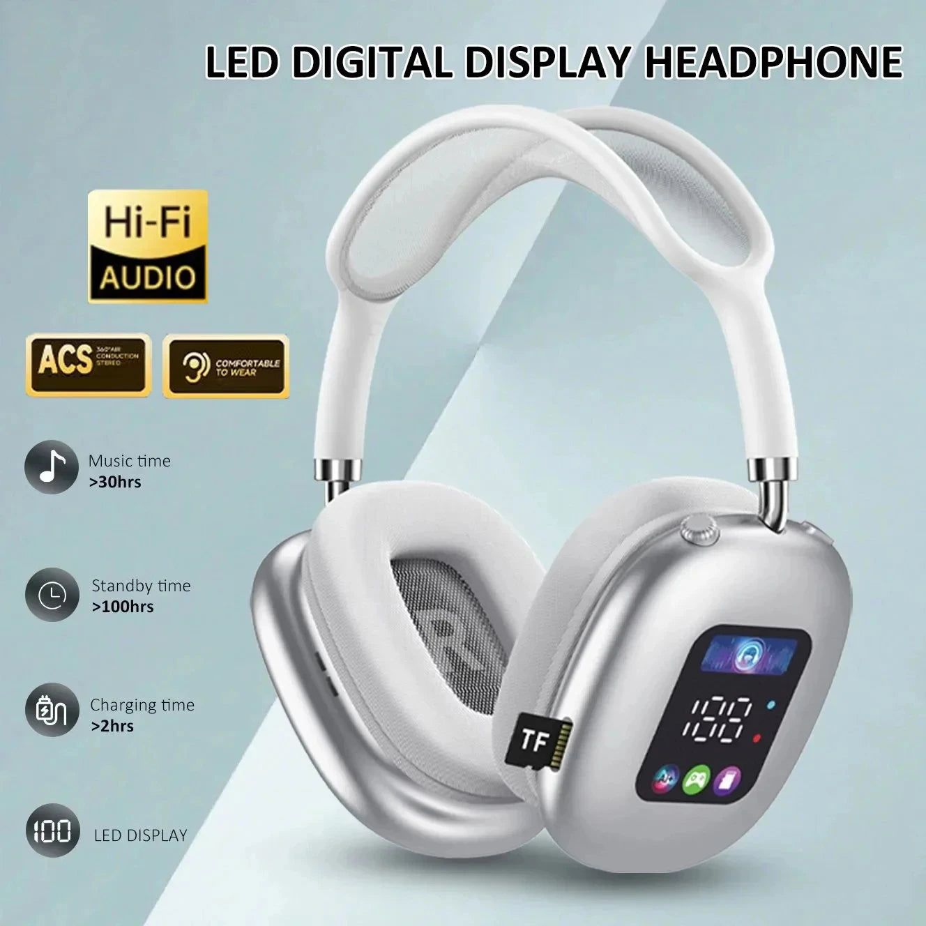 Wireless Bluetooth Headset with RGB Digital Display, Card Reader, Long Battery Life, HiFi Sound & Noise Reduction Earphones