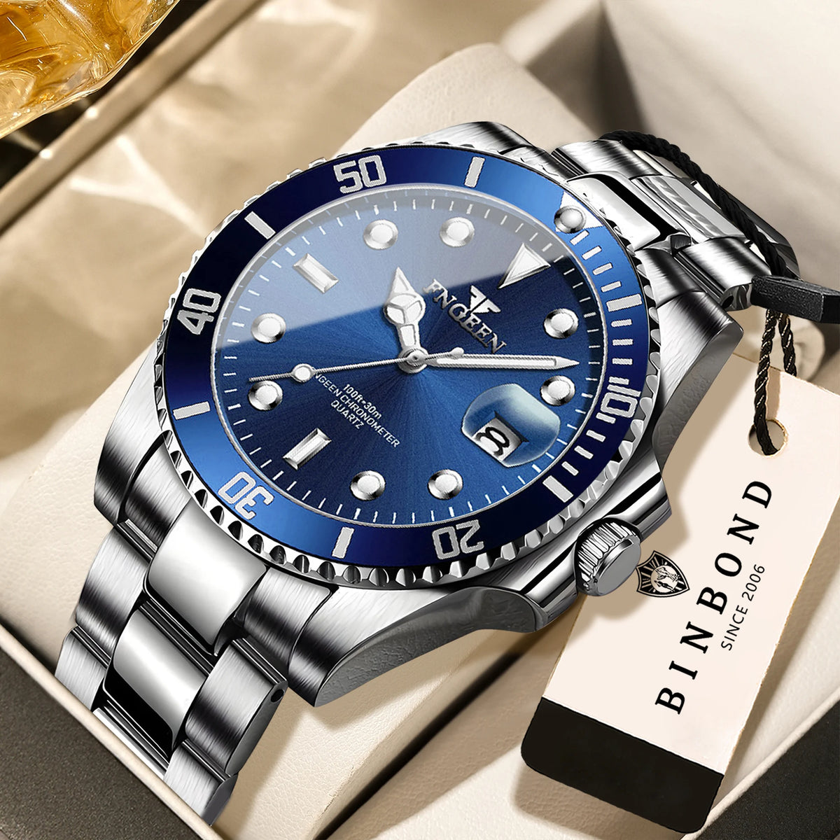BINBOND FNGEEN Son Brand quartz wristwatch for men, with a stainless steel strap, luminous and water-resistant, luxury.