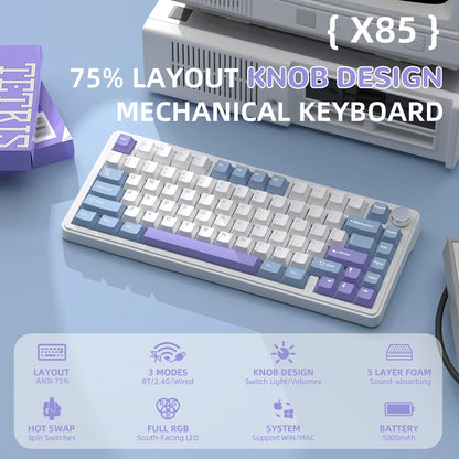 ATTACK SHARK X85 Tri-Mode-Gasket 75% mechanische Tastatur mit CNC-Drehknopf, 5-lagiger Dämpfung, Hot-Swap-Funktion, RGB-Hintergrundbeleuchtung, NKRO