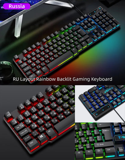 Teclado gaming con sensación mecánica, retroiluminación RGB, teclado con cable USB para oficina y hogar, teclas multimedia, ruso, español, árabe e inglés
