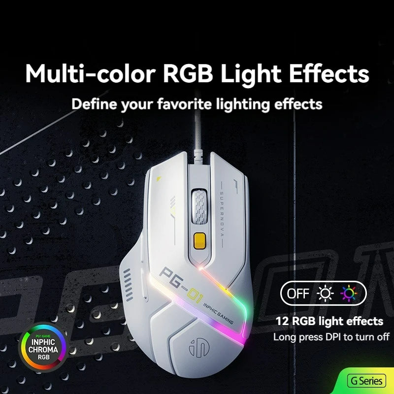 Inphic PG1 Wired Gaming Mouse RGB 12800 DPI Programmable Gaming Mouse with 6 Macro Buttons, 1000Hz Polling Rate USB Computer Mouse