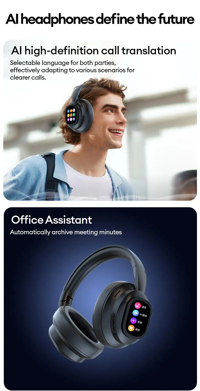AI LCD Touch Screen Wireless Bluetooth Headphones – ANC Noise Cancelling Deep Bass Gaming Headset with HD Mic