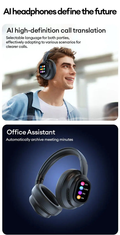 AI LCD Touch Screen Wireless Bluetooth Headphones – ANC Noise Cancelling Deep Bass Gaming Headset with HD Mic