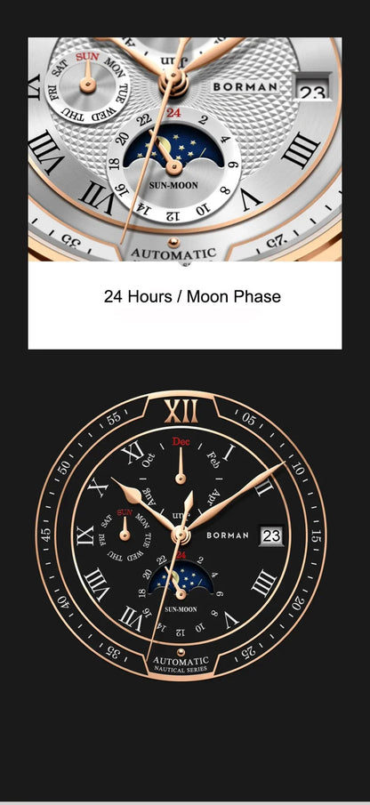 BORMAN BM3868  New 40mm  Luxury Men Automatic Mechanical Men's Watches Sapphire Multi-function Waterproof Moon Phase Clocks