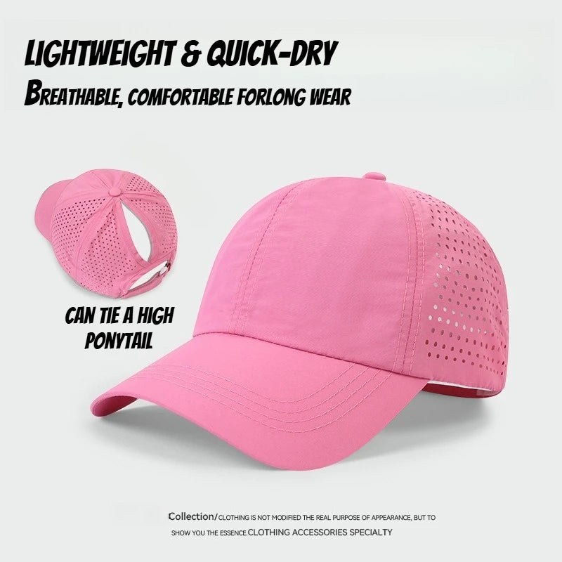 1 unidad de gorras de béisbol con lengüeta de secado rápido para mujer, protección de verano, malla transpirable, gorra transpirable, elegante y ajustable, ideal para llevar la coleta.
