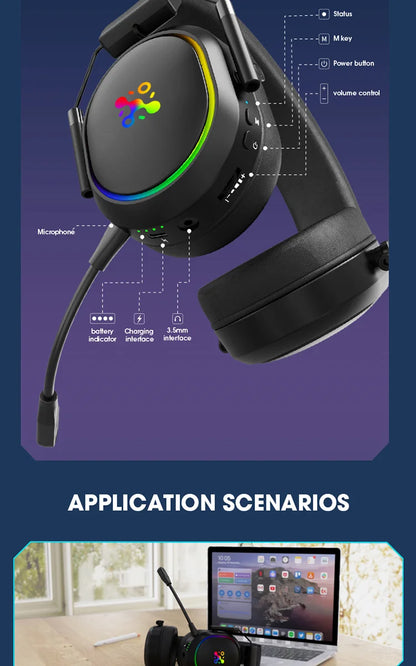 LDON Wireless Gaming Headset PS5 PS4 Bluetooth 2.4GHz Headphones 3D Surround Sound Noise Cancelling Mic Low Latency