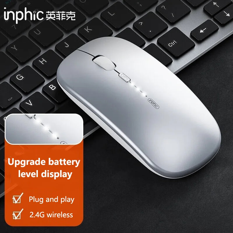 Inphic M1P langaton hiljainen toimistohiiri, erittäin ohut ja kannettava, USB-liitäntä, akun varaustason näyttö, TYPE-C-lataus