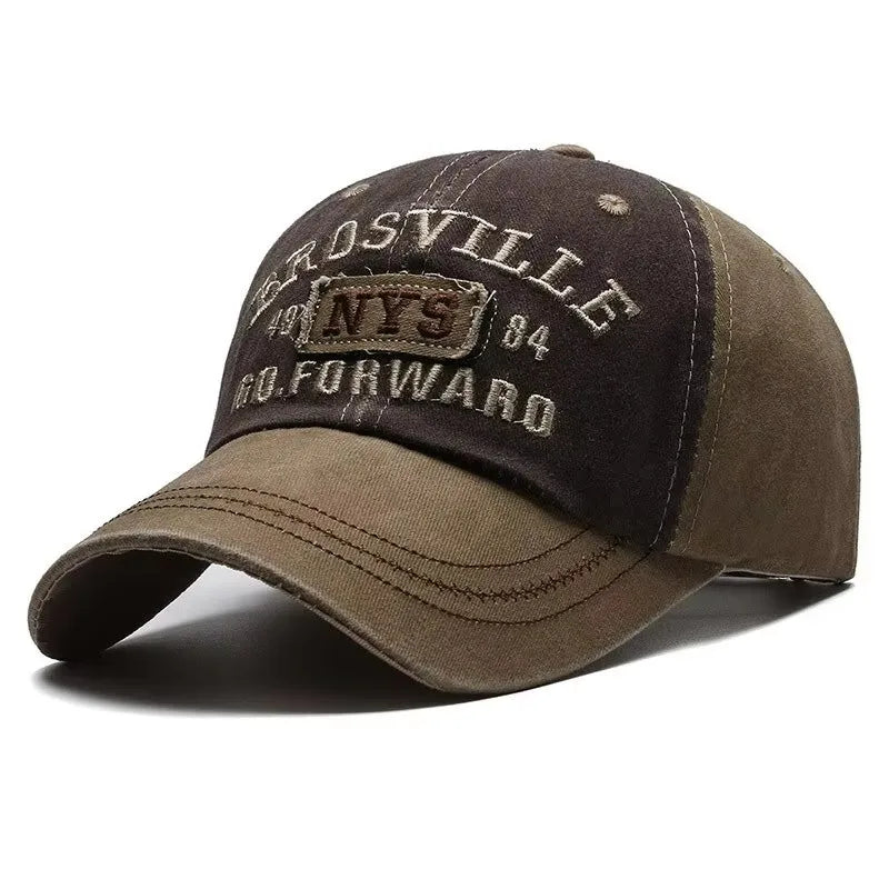 Cappellino da baseball da uomo Four Seasons, stile casual, in cotone lavato con effetto invecchiato, con lettere ricamate, visiera piegata, forma a cupola, cappellino casual per la protezione dal sole