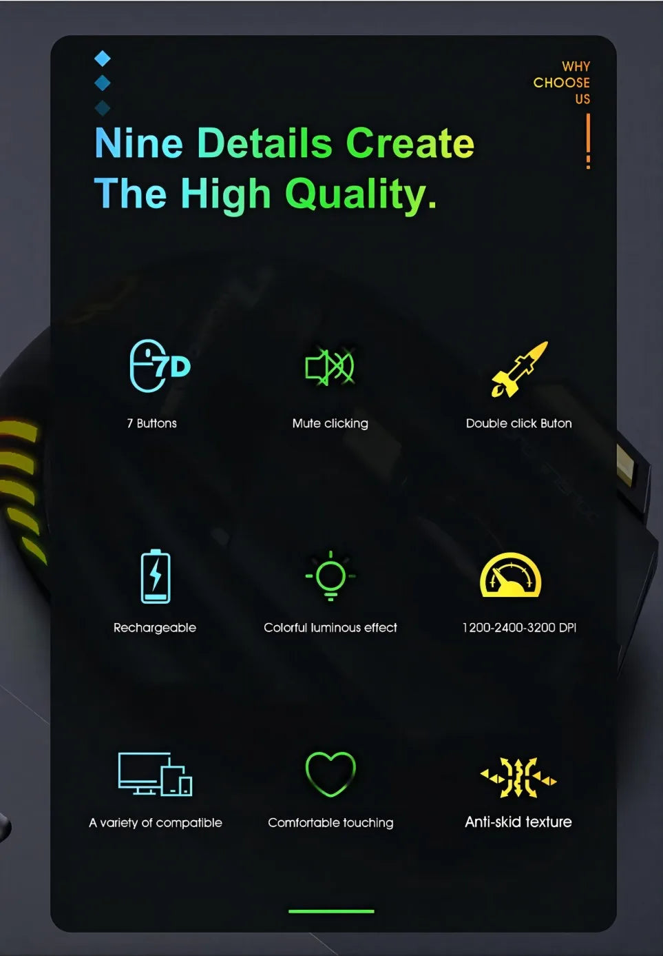 Wireless Bluetooth Mouse Rechargeable RGB Gaming Mouse, Ergonomic Silent Wireless Bluetooth Mouse with 7 Buttons, 3200 DPI Bluetooth Mouse for PC, Laptop & Mac