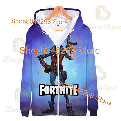 Sweatshirt Fortnite para Adultos e Crianças, Hoodie Infantil com Fecho, Estampado 3D de Jogo, para Rapazes e Raparigas, Estilo Harajuku, Manga Comprida, Roupa para Adolescentes
