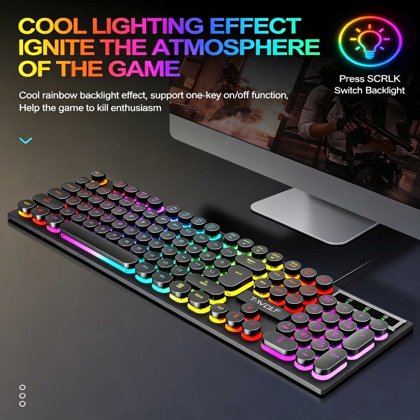 Typewriter style Mechanical feel Gaming Keyboard,Wired,RGB Backlit,Round Keycaps Mouse and Keyboard Bundle Waterproof 104-Key