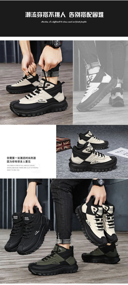 Botas de senderismo de caña media para hombre, en blanco y negro, de cuero impermeable, con plataforma, zapatillas antideslizantes para exterior, calzado informal con suela resistente