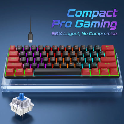 61 Keys Mechanical Gaming Keyboard RGB LED Backlit Compact Wired Red Switches Colorful Keycaps for Desktop Computers