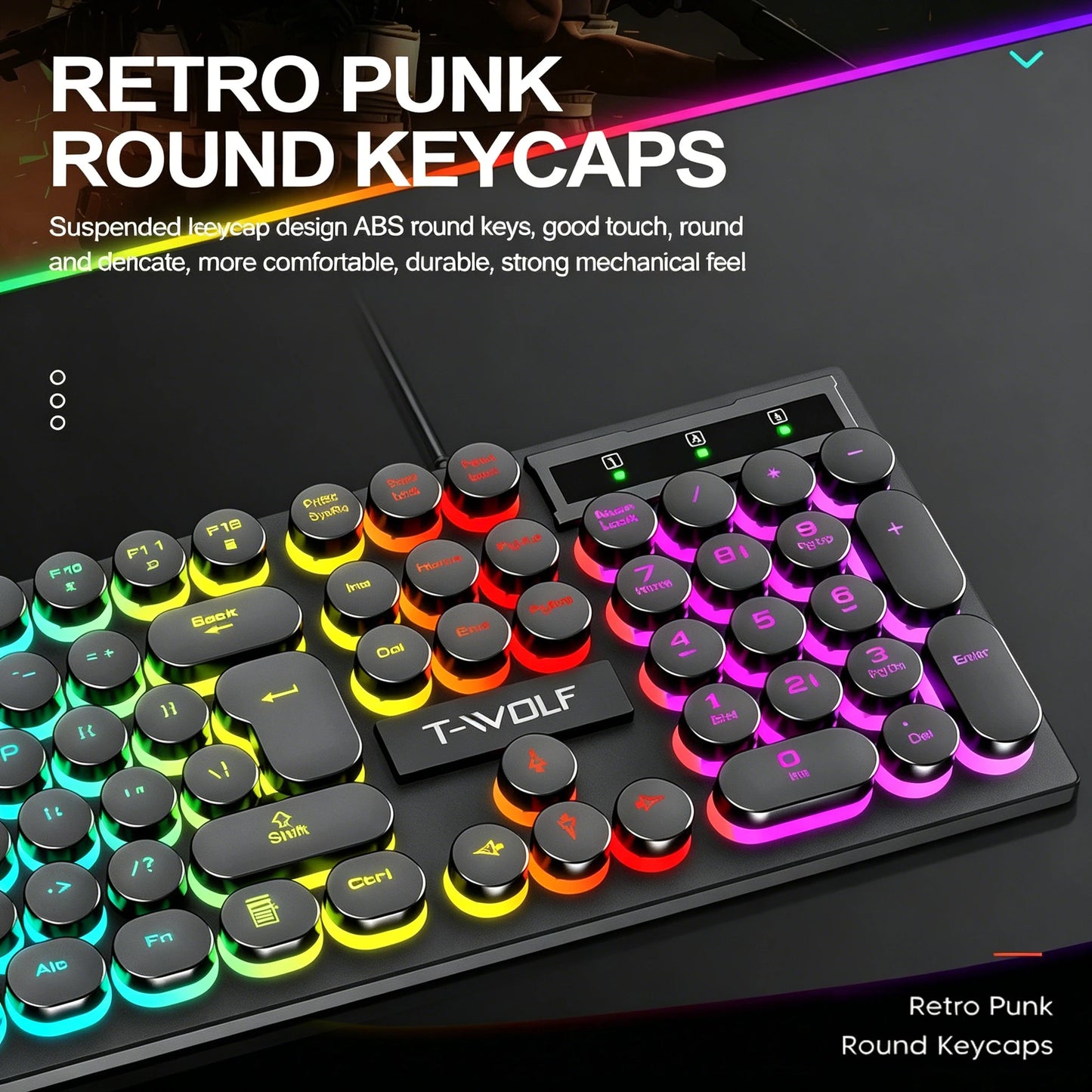 Typewriter style Mechanical feel Gaming Keyboard,Wired,RGB Backlit,Round Keycaps Mouse and Keyboard Bundle Waterproof 104-Key