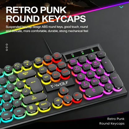 Typewriter style Mechanical feel Gaming Keyboard,Wired,RGB Backlit,Round Keycaps Mouse and Keyboard Bundle Waterproof 104-Key