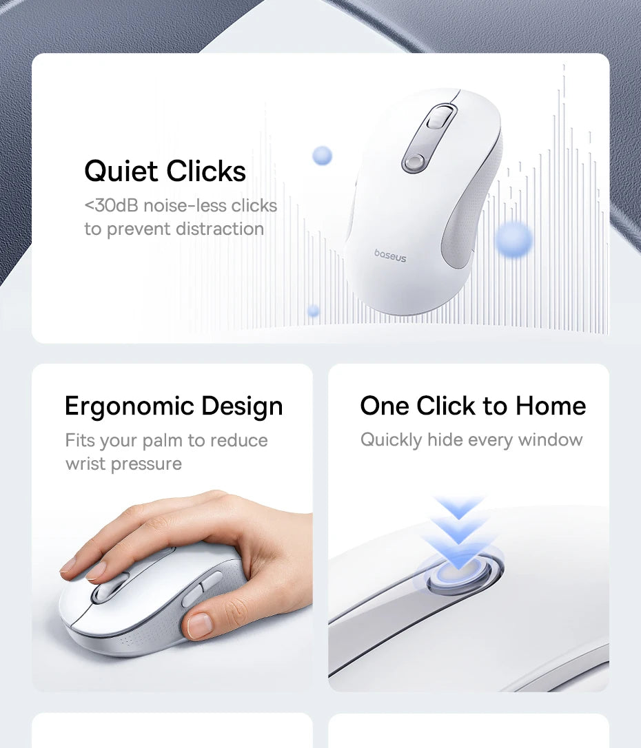 Baseus Wireless Mouse Bluetooth 5.3 Ergonomic Silent Mouse, 2.4GHz Rechargeable Office Mouse with 7 Buttons, Adjustable DPI for Laptop, MacBook, PC & Tablet