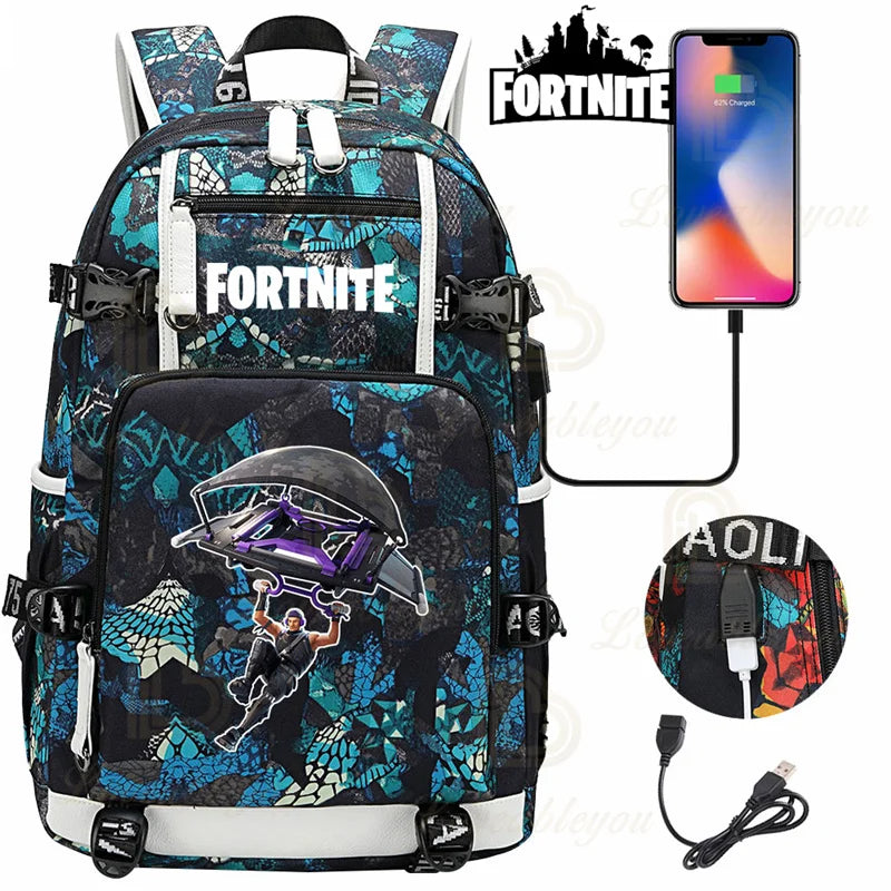 Mochila Red Jade F-Fortnited Battle Royale com carregamento USB, figuras anime e compartimento para material escolar para estudantes
