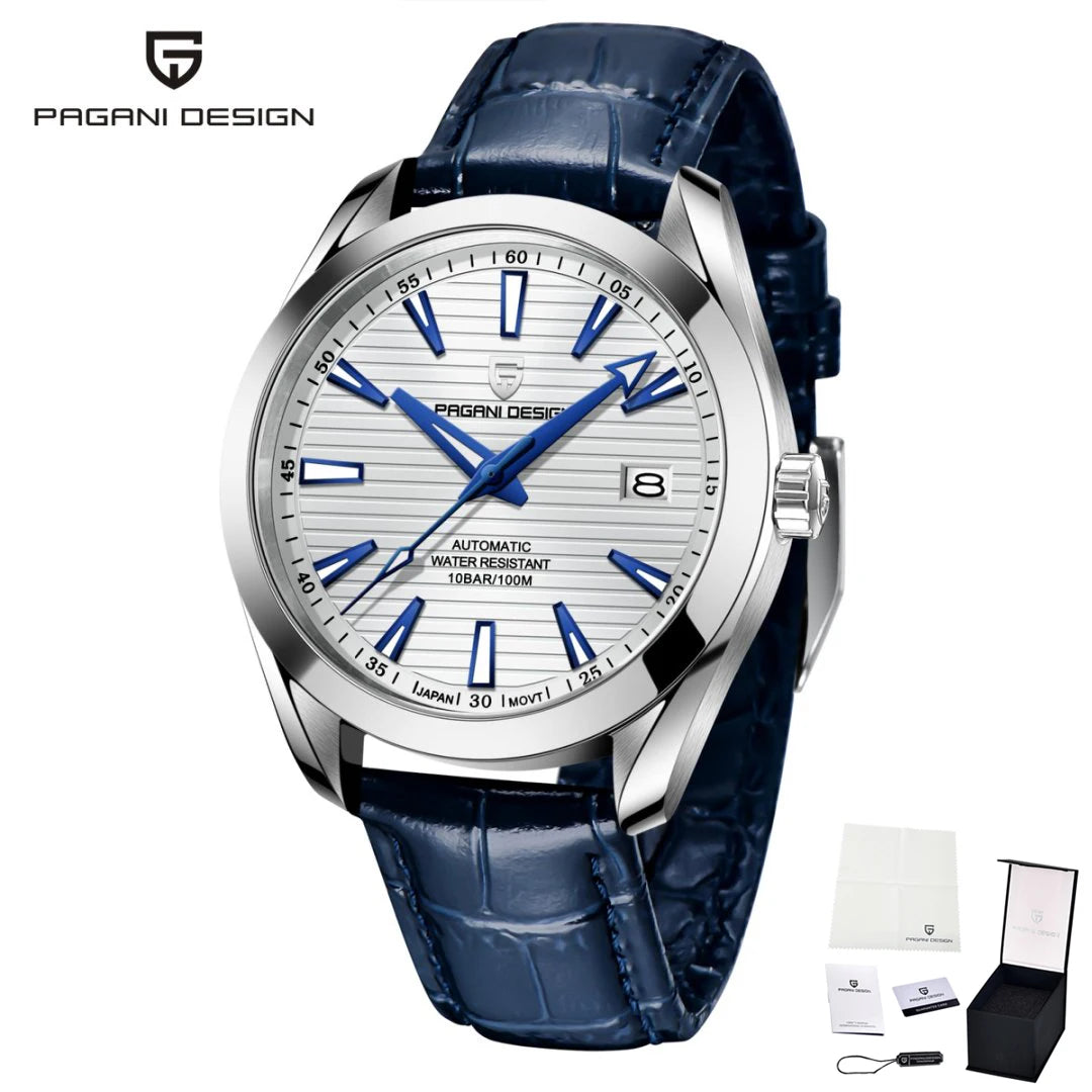 Relógio de luxo para homem PAGANI DESIGN – Modelo automático mecânico (calibre 8215), em aço inoxidável, estanque, com indicador de data e ponteiros luminescentes
